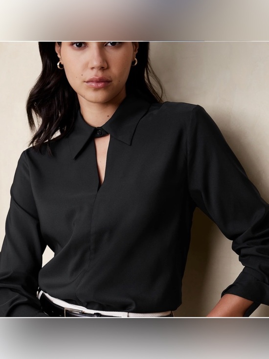 Banana Republic Tops - Banana Republic Black Silky Satin Essential Collard Long Sleeve Blouse Size L
